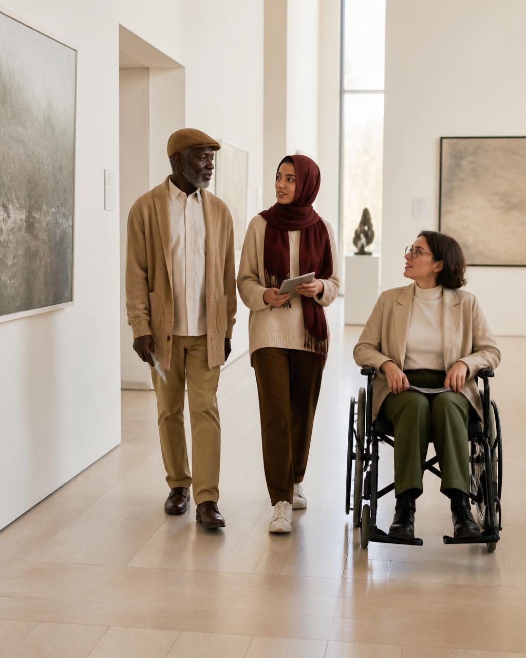 Colleagues walking together through a minimalist museum gallery