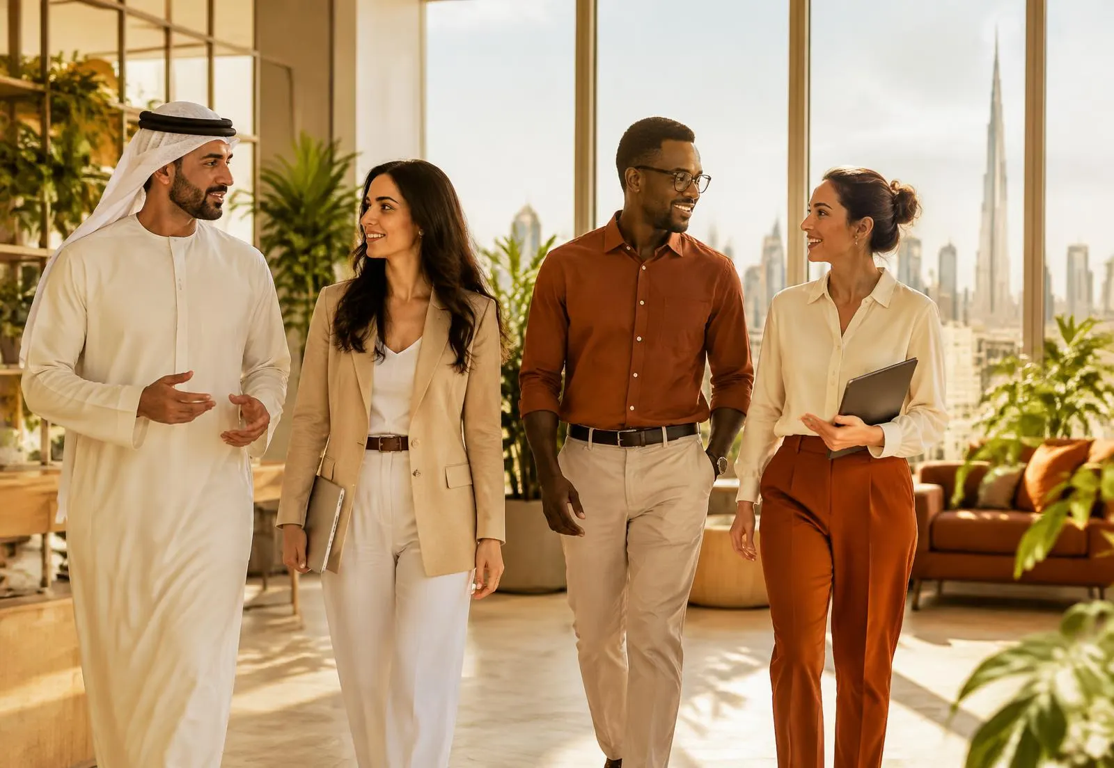 Diverse colleagues walking and talking in a bright modern Dubai office