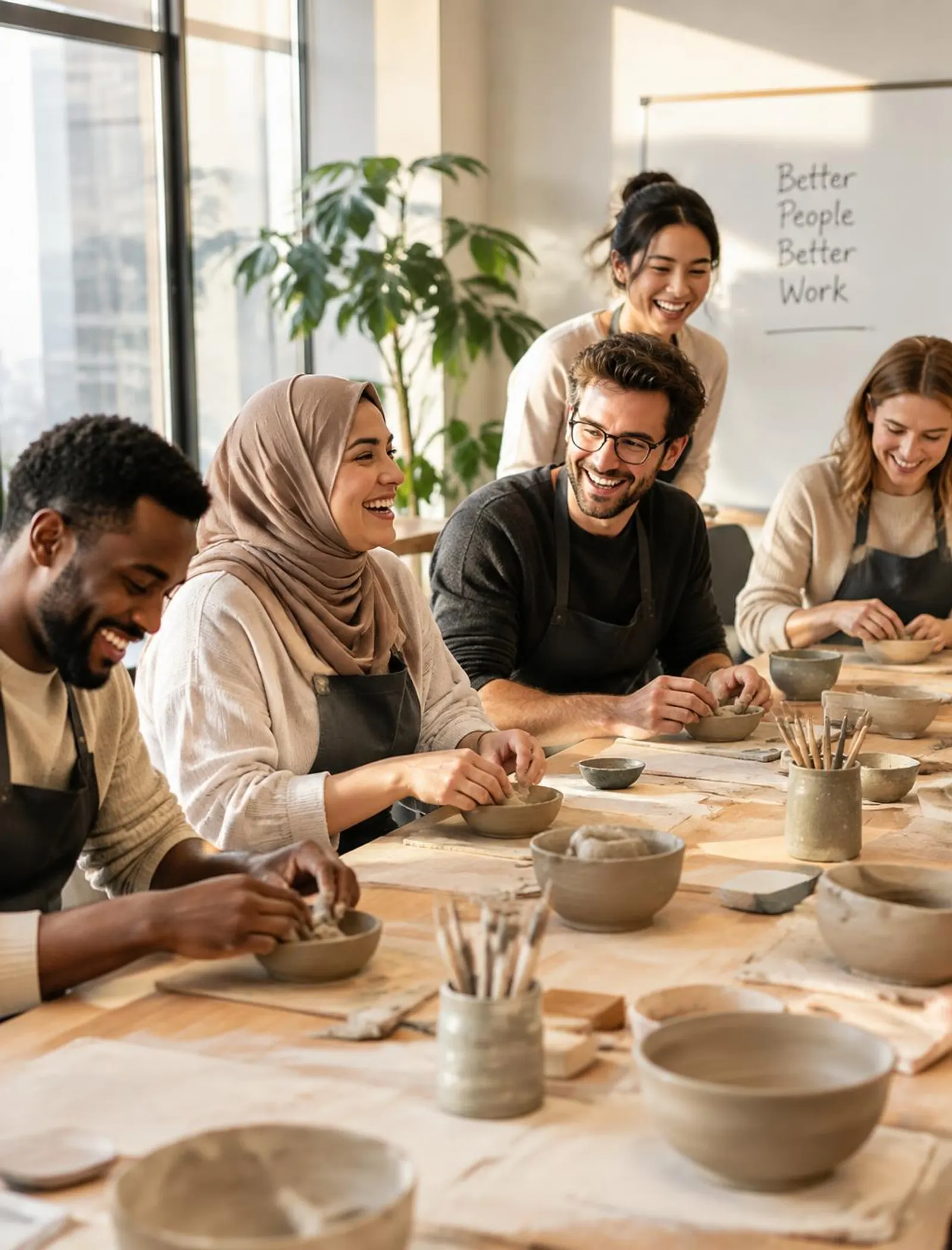 Colleagues laughing together during a pottery workshop in the office