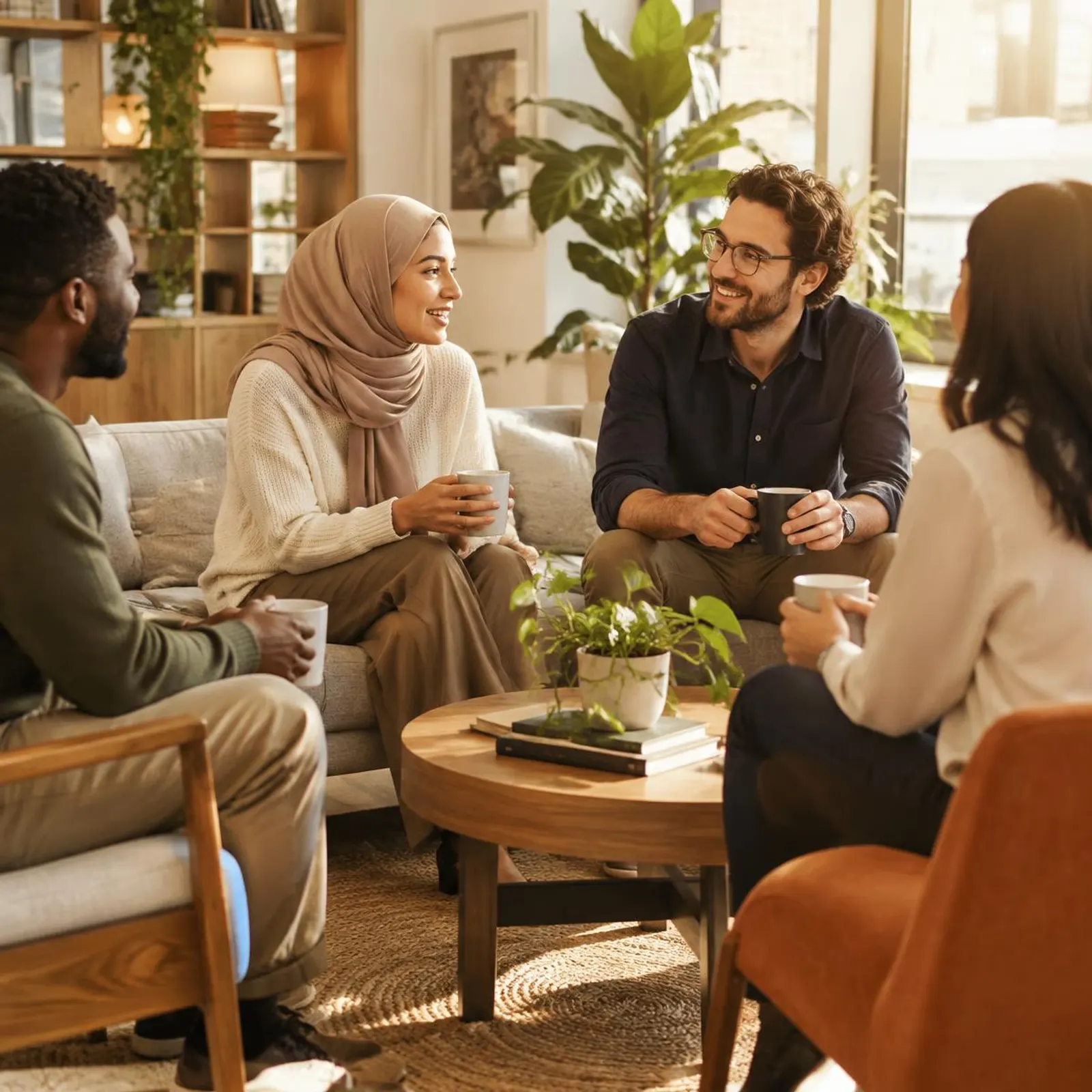 Diverse team having a relaxed conversation in an office lounge