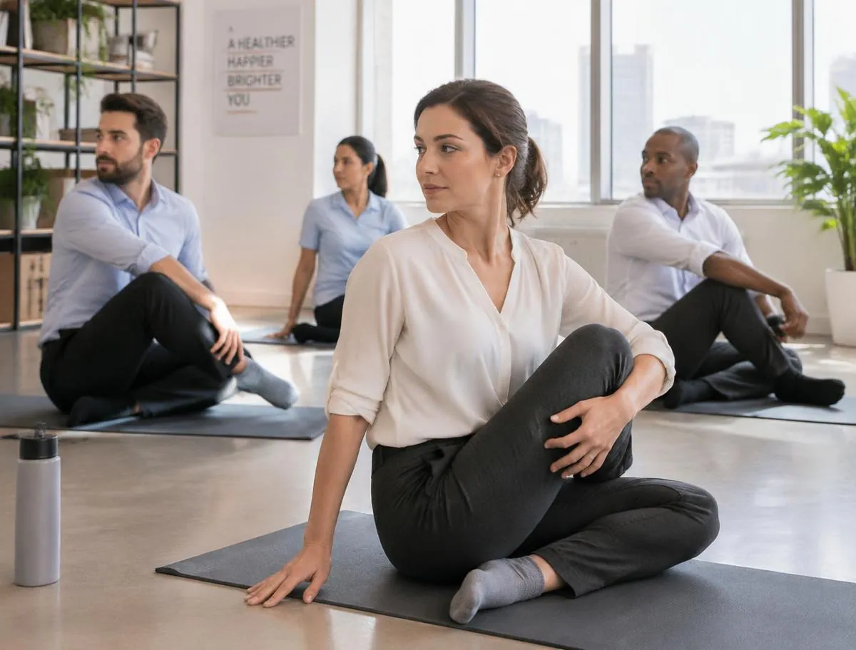 Employees in a calm wellbeing session at a Dubai office