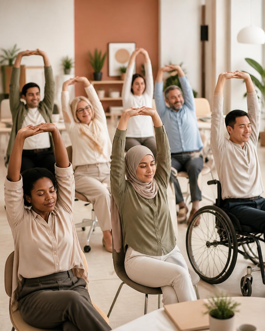 A gentle stretching session in a light-filled office